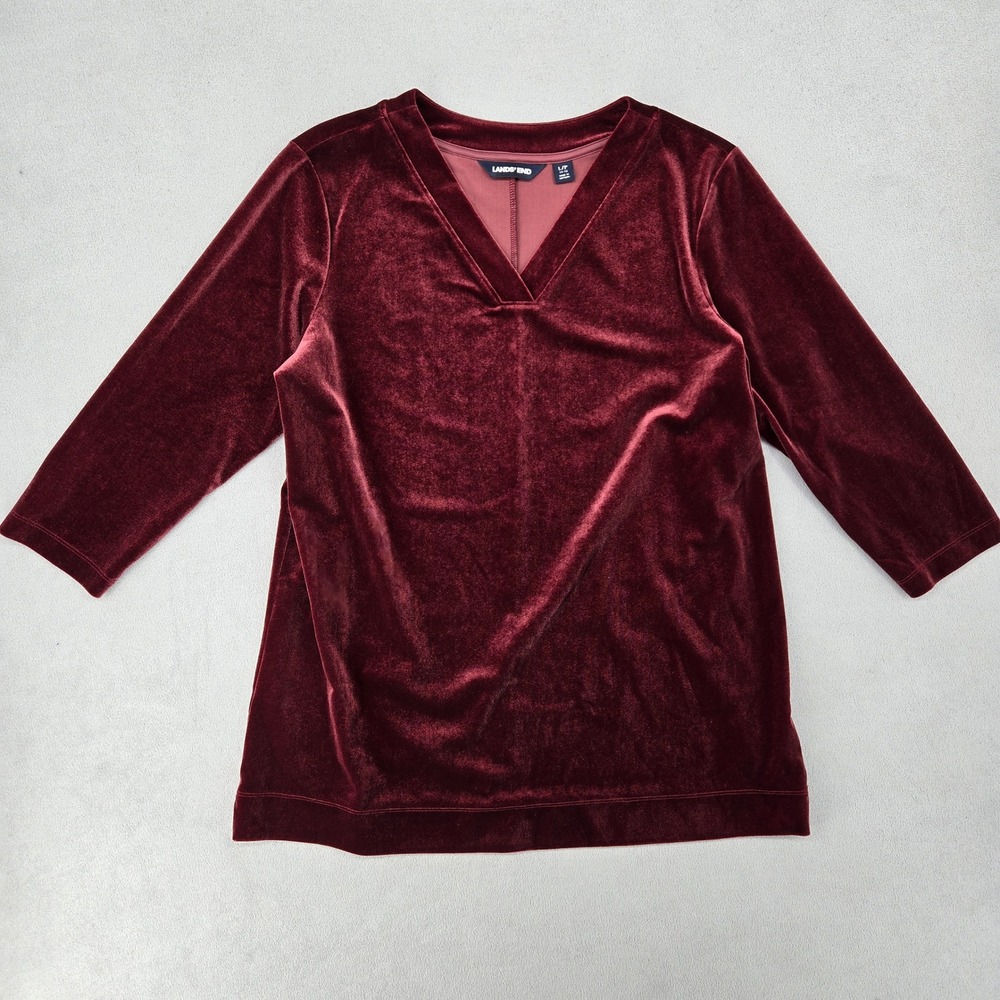 Lands End Womens Large Petite Burgundy Velvet V-Neck Tunic Top Holiday Aesthetic